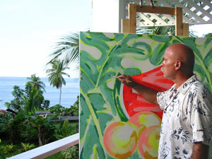 Peter Sell im offenen Atelier mit Ausblick auf das Meer